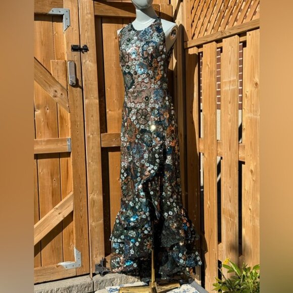 🆕 BRONX & BANCO🧿 NWOT Sicilia Blue Sequin Fluted Hem Maxi Dress Sz M US 6 - Picture 4 of 16